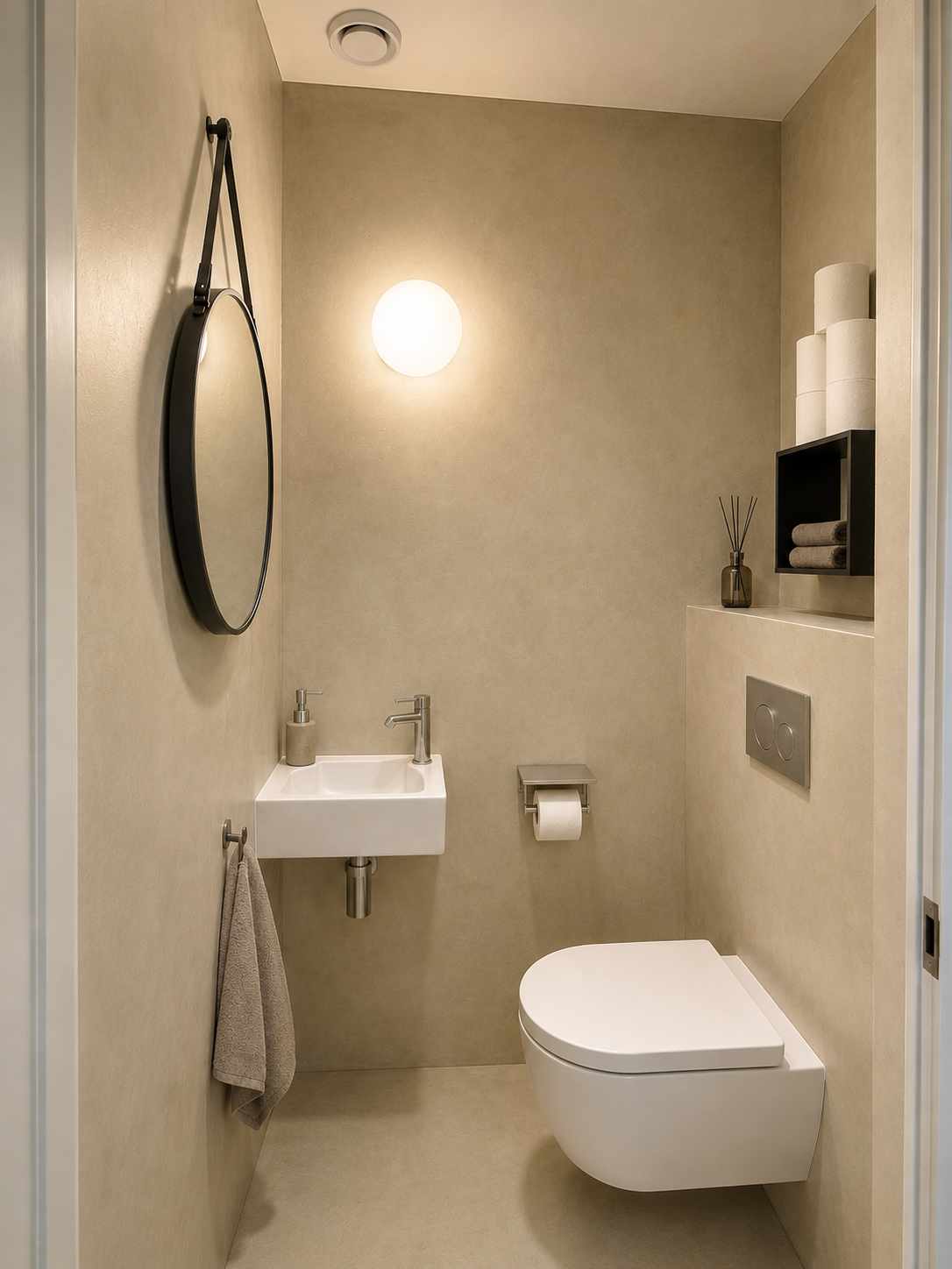 Betonciré wanden in toilet met ronde spiegel — project in Enter en omgeving
